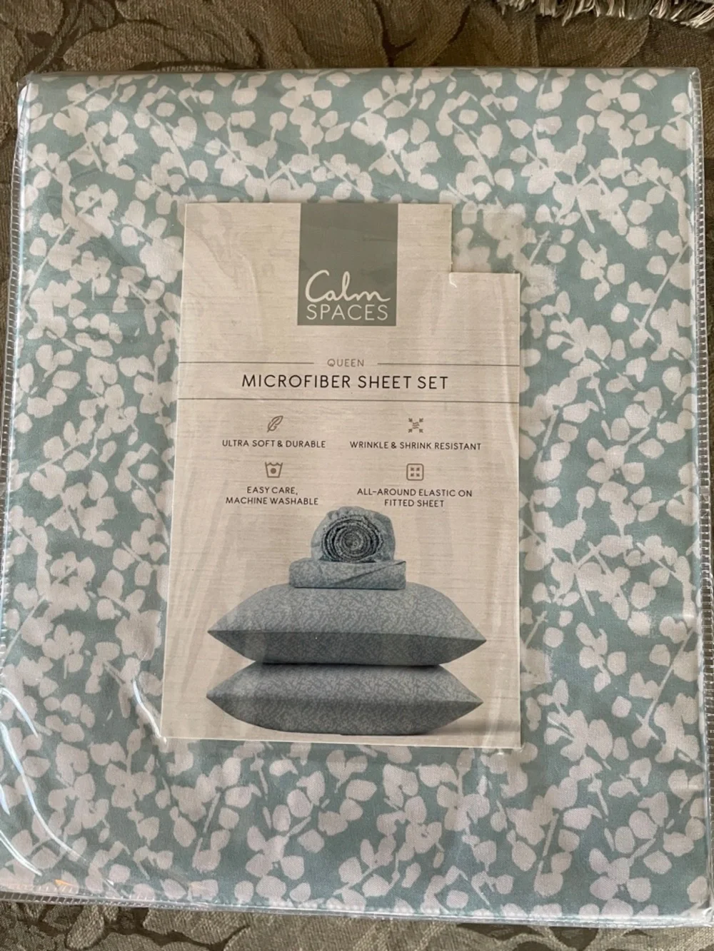 CALM SPACES Microfiber Sheet Set, Queen, Teal Blue Cream and White